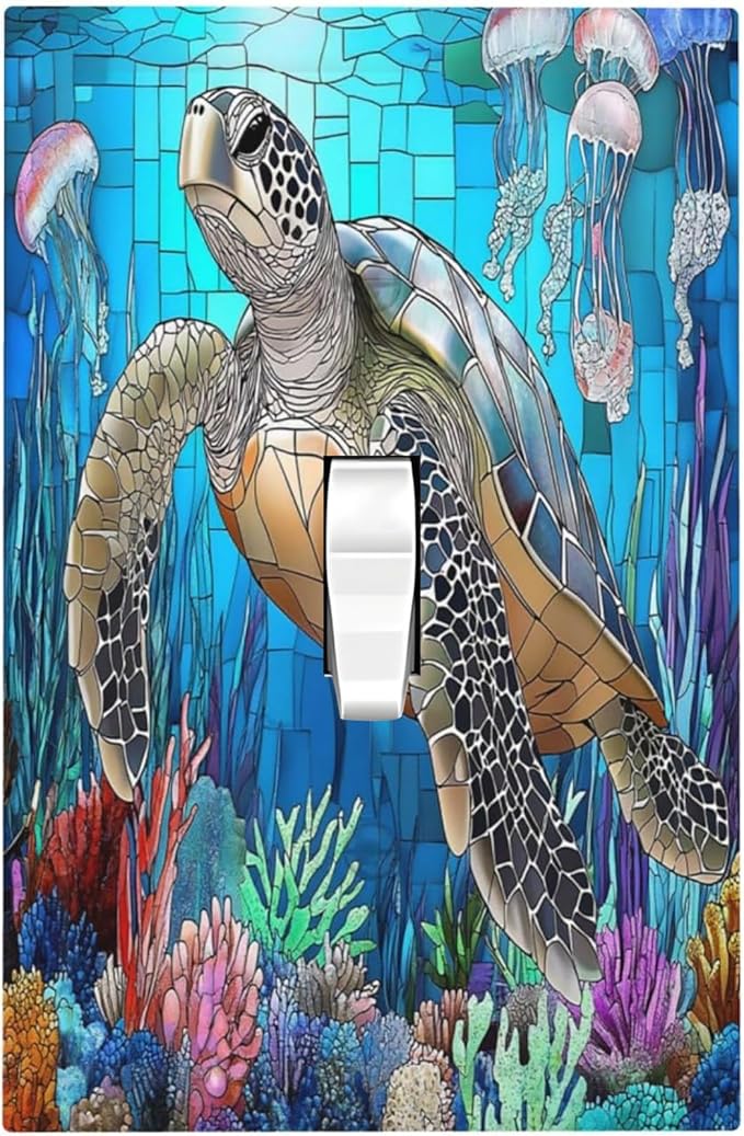 Decorative Light Switch Cover Nautical Sea Turtle Coral Jellyfish 1 Gang Single Toggle Device Electrical Faceplate Switchplates Decorator Outlet Wall Plate For Kids Room Nursery Decor