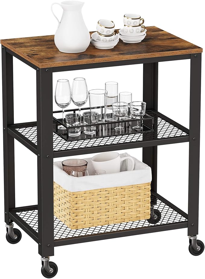 VASAGLE BRYCE Serving Cart, 3-Tier Kitchen Utility Cart on Wheels with Storage, for Living Room, Accent Furniture with Steel Frame, Industrial, Rustic Brown and Ink Black ULRC78X