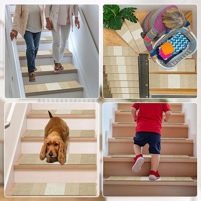 OLANLY Stair Treads Non Slip 4PCS, 8" x 30" Indoor Stair Runners for Wooden Steps, Edging Stair Rugs with Reusable Peel and Stick Adhesive for Kids Elders and Pets, Beige
