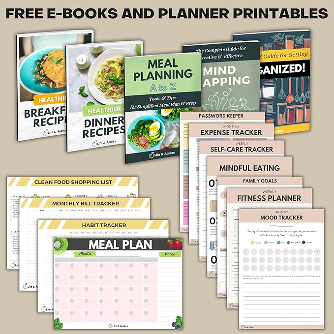 Life & Apples Meal Planner with Grocery List – Undated Weekly Menu & Meal Prep Notebook for Women & Men, Healthy Eating & Weight Loss Planner, 52-Week Spiral Bound Journal, Marble