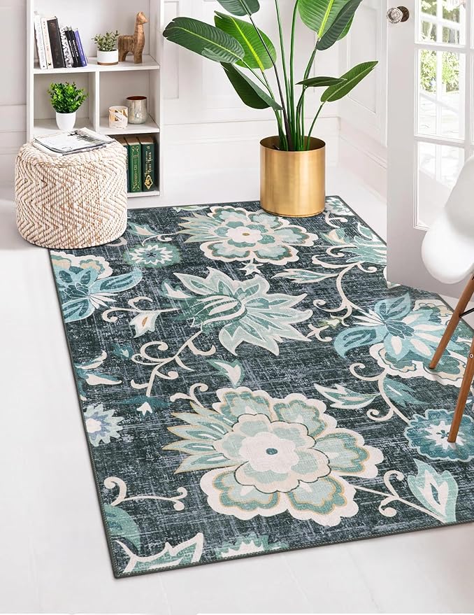 Beeiva Floral Area Rug for Bedroom, 4x6 Rug Paisley Vintage Blue Rug for Bedroom Ultra Thin Living Room Area Rug, Non Slip Machine Washable Area Rugs for Entryway Bathroom
