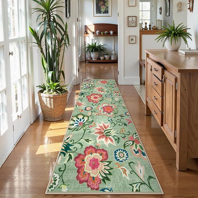 Beeiva Floral Runners for Hallways, Paisley Rug Runners 2x8 Washable with Ultra Thin Low Pile, Non Slip Rugs Carpet for Hall Way Kitchen Bathroom (Light Green,2'x8')