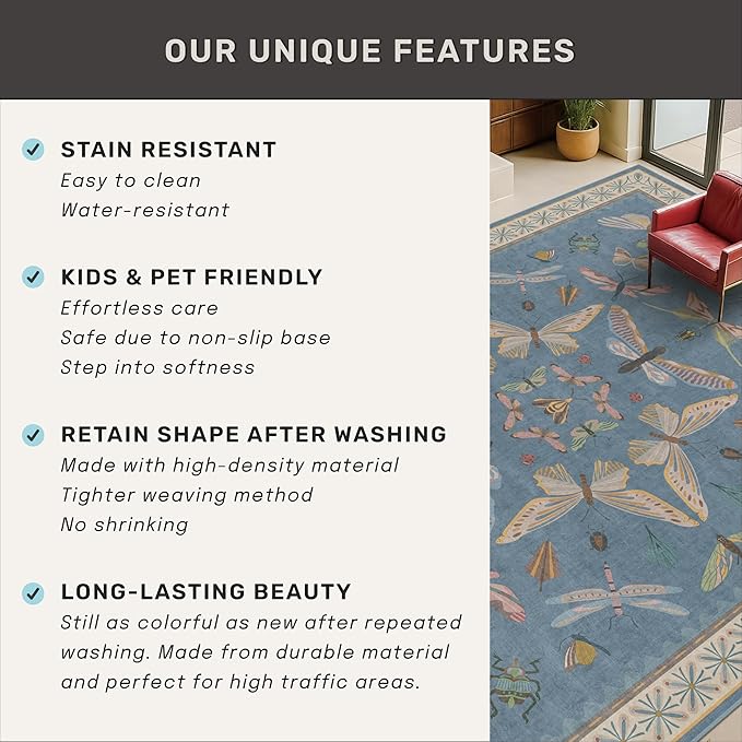 Blue Boho Rugs for Living Room - 10x14 Extra Large Area Rug for Dining Room, Bedroom, Playroom, Guest Room, Colorful Insect Low Pile Home Décor