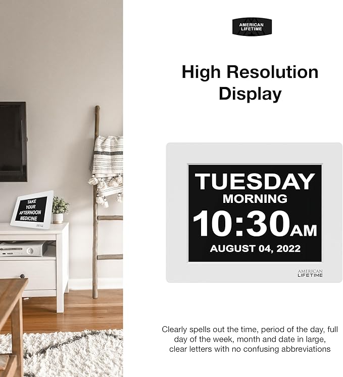 American Lifetime Upgraded Version, Day Clock Extra Large Impaired Vision Digital Clock with Backup and 5 Alarm Options, Brown Wood