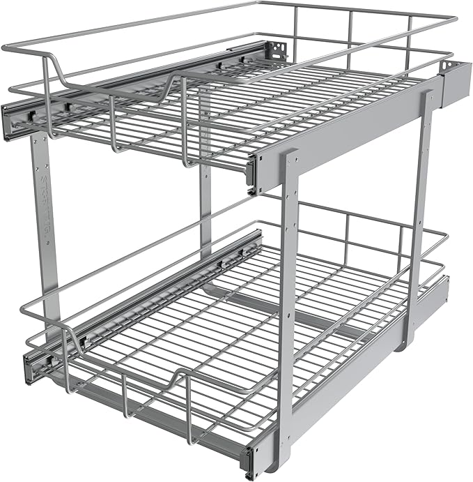 2 Tier Pull Out Cabinet Organizer 15" W X 22" D, Slide Out Drawers For Kitchen Cabinets, Pull Out Drawers For Cabinets Capacity Heavy Duty Caddy, Cabinet Pullout Shelves Chrome-Plated,Bathroom Pantry