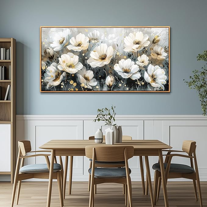 PHAOHUAXM Large Canvas Wall Decor For Living Room Wall Art For Bedroom Office Wall Decorations Print White Ink-Wash Flower-Shaped Wooden Frame Artwork Stretched and Frame Posters Home Decor 24"X48"