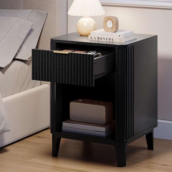 Mid Century Modern Night Stand Set of 2, Large Bedside Table Set of 2 with Drawer and Storage Shelf, Fluted Nightstands Rustic Wood End Table for Living Room Black