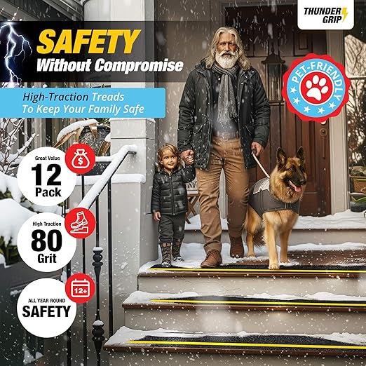 Reflective Grip Tape for Stairs 30" x 8" - 12-Pack Outdoor Stair Treads Non-Slip Weather Resistant - Anti Slip Tape for Exterior Wooden Steps - Waterproof 80-Grit Adhesive Treads