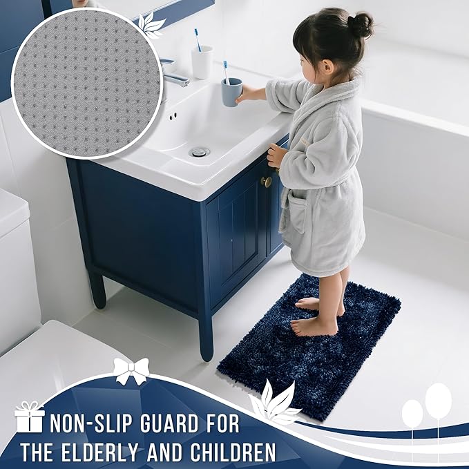 Yimobra Bathroom Rug Set 2 Piece, Luxury Shaggy Bath Mat Set with Non Slip Backing, Ultra Soft & Absorbent Mats for Bathroom Floor, Machine Washable, 44"x24"+24"x17", Blue