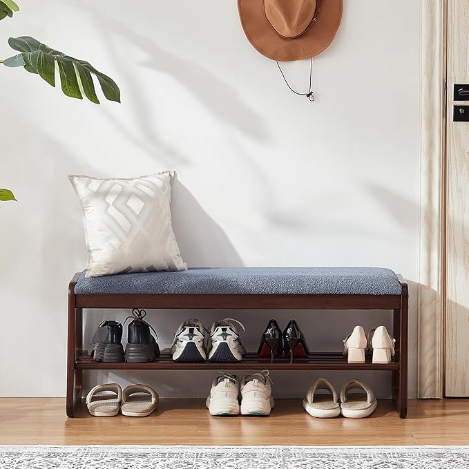 Shoe Rack Bench,2 Tier Wooden Entryway Bench with Shoe Storage, Shoe Rack with Cushion for Living Room, Hallway(Grayish Blue, 39.4")