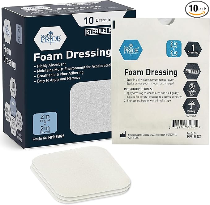 MED PRIDE Sterile Foam Dressings for Wounds, Soft Absorbent Non-Adhesive Waterproof Medical Foam Padding for Ulcers, Injuries (2x2 Inch (Pack of 10))