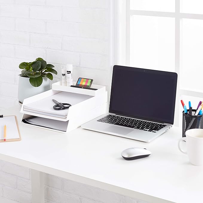 Amazon Basics Rectangular Plastic Desk Organizer, Half Accessory Tray, 9.4" x 3.3" x 1", White