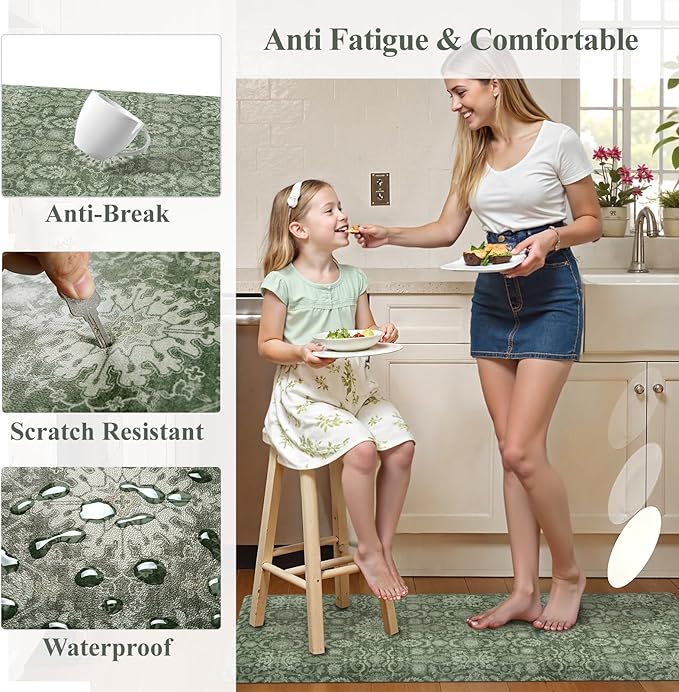 Collive Kitchen Mats Cushioned Anti Fatigue, Non Slip Waterproof Kitchens Floor Mat Green/Grey Vintage Floral Sink Rug, Comfort Desk Standing Rugs for Bedroom, Office, Laundry, 17.3''x28''