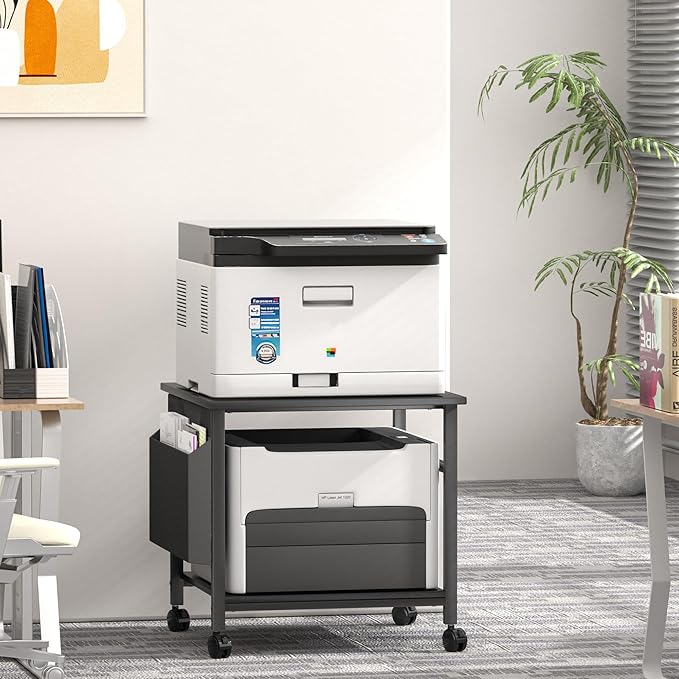 Large Printer Stand, 23.6 x 23.6 Inches Square Printer Stand with Storage Shelf, 2 Tier Printer Table for Home Office, Rolling Printer Cart with Lockable Wheels, Mobile Mini Fridge Stand Table, Black