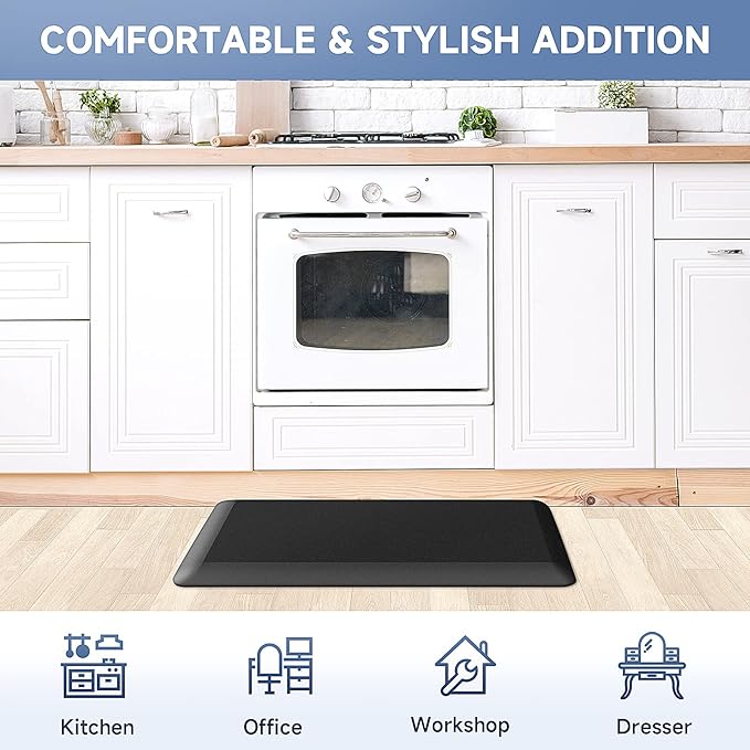 4/5 Inch Thick Kitchen Mats for Floor, StepRite Kitchen Rug for Standing Desk, Non-Slip, Thicker, Stain Resistant, Water Resistant, Comfort Anti Fatigue Floor Mat for Home, Kitchen, Office - Black