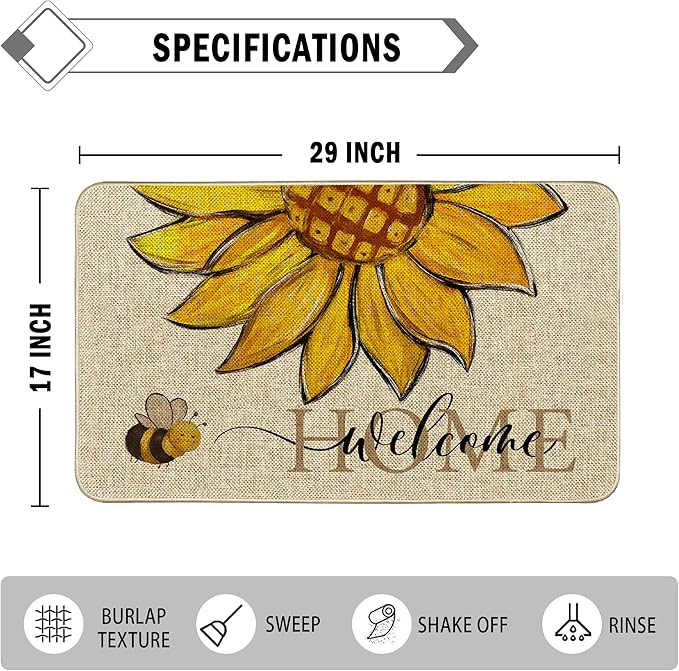Sunflower Welcome Doormat 17"x29", Non Slip Door Mat Indoor Entrance, Hello Indoor Front Door mat, Spring Summer Outdoor Entrance Mat, Low Profile Design Patio Porch Entryway Mats