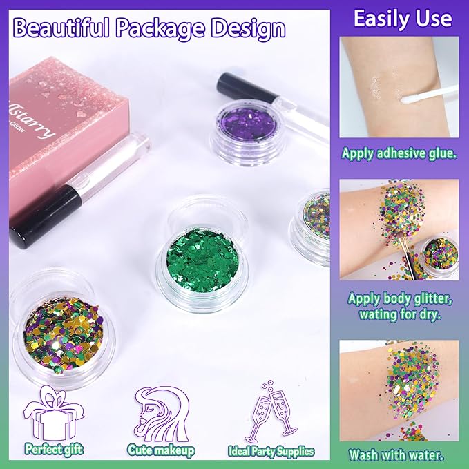 Allstarry Mardi Gras Face Glitter, 4 Colors Chunky Body Glitters Purple Green Gold Face Glitter Eyeshadow Makeup Hair and Eye Glitter Mardi Gras Accessories for Women Mask Balls Street Parties