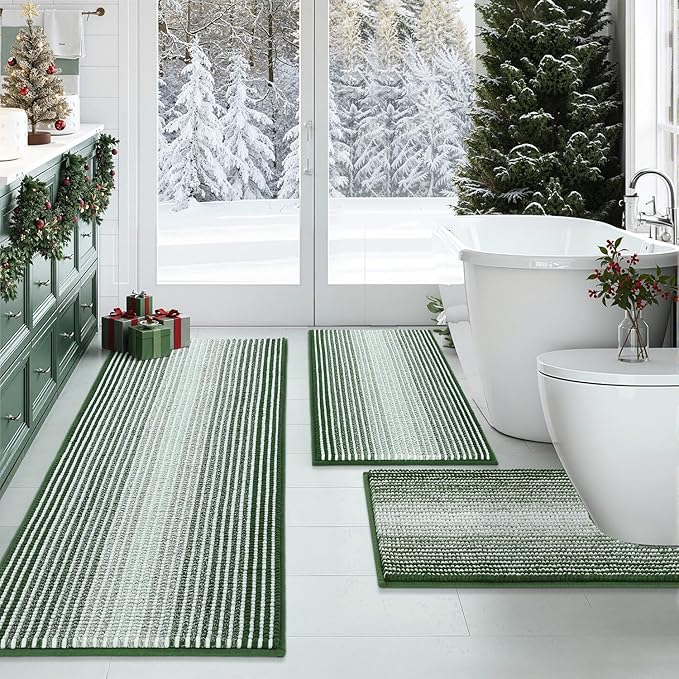 BSICPRO Bathroom Rugs Sets 3 Piece, Toilet Rugs U-Shaped Contour Bath Mat Set, Long Striped Absorbent Non Slip Chenille Shower Mat, Hunter Green
