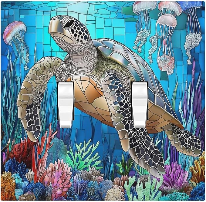 Decorative Switch Plates Nautical Sea Turtle Coral Jellyfish 2 Gang Double Toggle Outlet Light Switch Cover Wall Plate Electrical Faceplate For Kids Room Nursery Decor