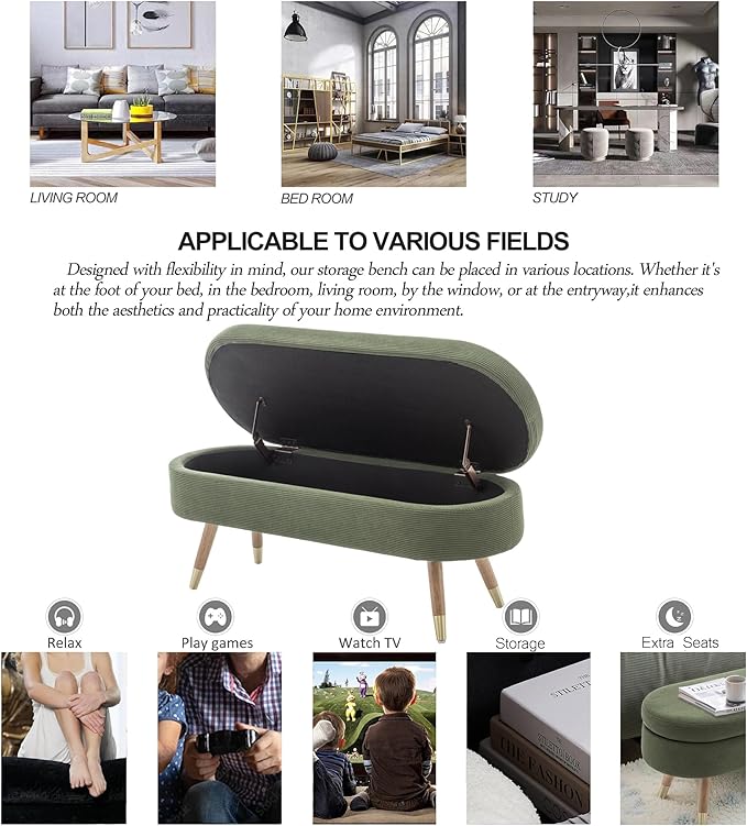 IAFIKE Oval Storage Bench 43.5" Ottoman Bench Upholstered Boucle Fabric Footrest Bench with Golden Metal Legs End of Bed for Bedroom, Living Room, Entryway,Bed Side (Dark Green)