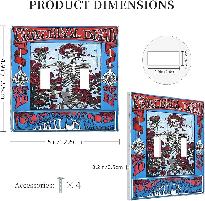 Decorative Light Switch Cover Plate Hippy Skull Red Rose Floral 2 Gang Switch Plate Covers Double Toggle Wall Plate Dual Device Faceplate for Bathroom Decor