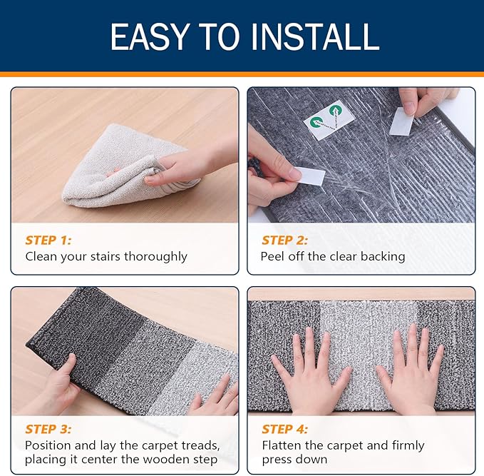 OLANLY Stair Treads Non Slip 4PCS, 8" x 30" Indoor Stair Runners for Wooden Steps, Edging Stair Rugs with Reusable Peel and Stick Adhesive for Kids Elders and Pets, Grey