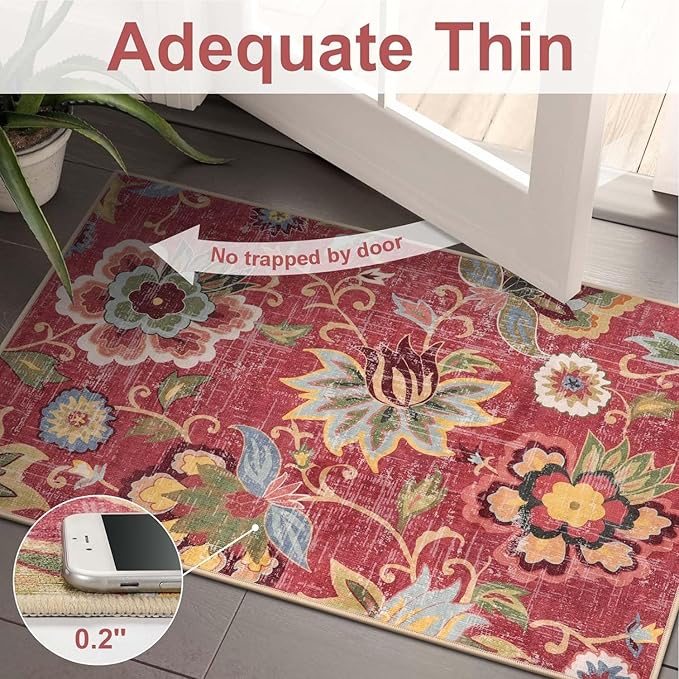 Beeiva Floral Runner Rug Non Slip, Vintage Red 2.5x12 Rug Runner for Hallways Non-Slip, Printed Distressed Ultra Thin Foldable Washable Runner Rug for Bedroom Bathroom Christmas