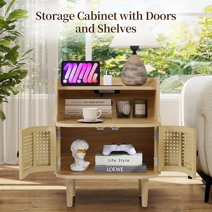 Metal Rattan End Table Set of 2 with Charging Station, Mid Century Modern Nightstand with 2 Doors, Bed Side Table with Storage for Couch,Living Room, Sofa Side Table for Office,Dorm - Natural