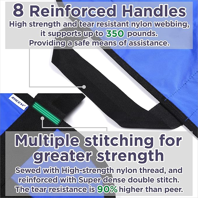 Positioning Bed Pad with Reinforced Handles 43" x 36" Patient Transfer Sheet Aid Assistant for Body Lifting, Turning, Repositioning, for Elderly, Incontinence, Caregiver, Blue