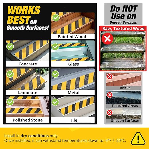 Black and Yellow Non Slip Strips for Steps 30" x 6" 15-Pack Outdoor Stair Treads - Waterproof Anti Slip Grip Tape for Safety Walk - Strong Adhesive Caution Tape for Floor and Ramps by Thunder Grip