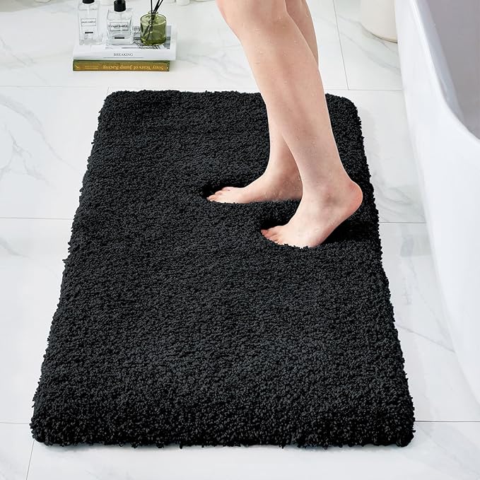 Bathroom Rugs 48x24, Ultra Thick Shaggy Soft Microfiber Absorbent Bath Rug, High Density Foam Latex Non Slip Backing, Machine Washable Bath Mats for Bathroom Floor & Sink, Black