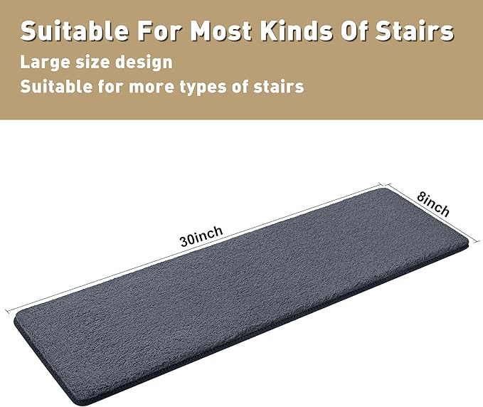 PURE ERA Carpet Stair Treads Ultra Plush 8 x 30 inch Soft Indoor Stair Protectors Pet-Friendly Non-Slip Skid Resistant Tape Free Washable Reusable(7 Pieces,Dark Gray)