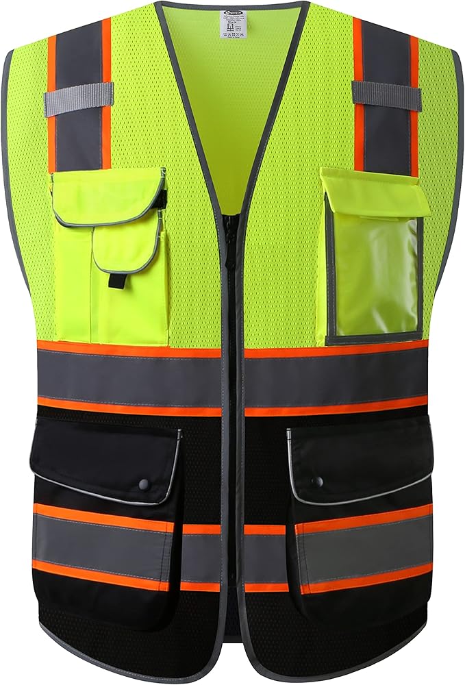 JKSafety 9 Pockets High Visibility Dual Color Zipper Front MESH Lite Safety Vest | Orange Color Triming Reflective Strip | ANSI/ISEA Standards (100-Yellow-Black, M)