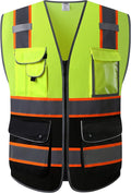 JKSafety 9 Pockets High Visibility Dual Color Zipper Front MESH Lite Safety Vest | Orange Color Triming Reflective Strip | ANSI/ISEA Standards (100-Yellow-Black, L)