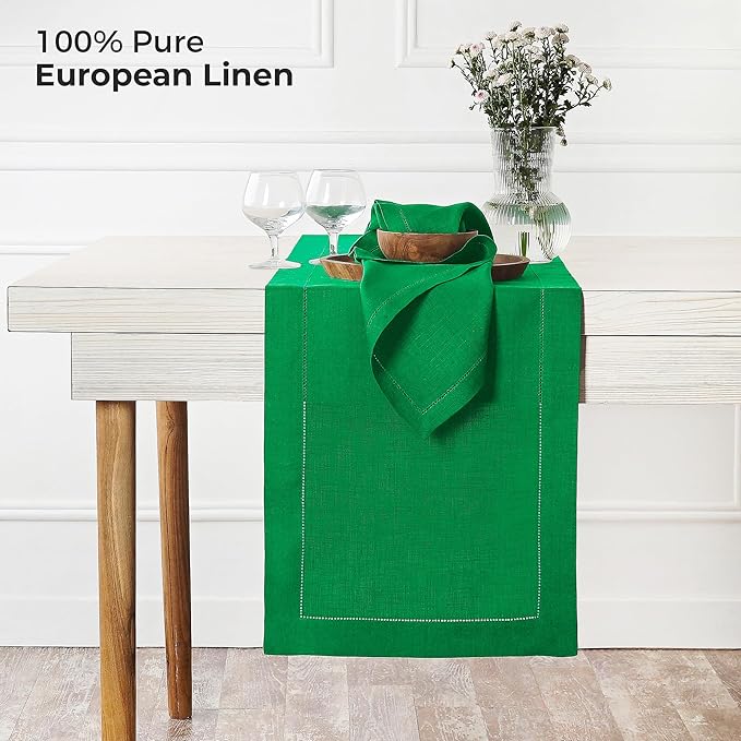 D'Moksha Homes Linen Kelly Green Table Runner 84 Inches Long - 100% Pure Linen Table Runner 14 x 84 Inch for St Patricks Day, Easter - Classic Hemstitch