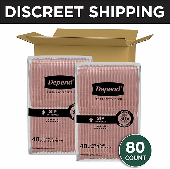 Depend Fresh Protection Adult Diapers, Incontinence & Postpartum Bladder Leak Underwear for Women, Disposable, Maximum, Small, Blush, 80 Count (2 Packs of 40), Packaging May Vary