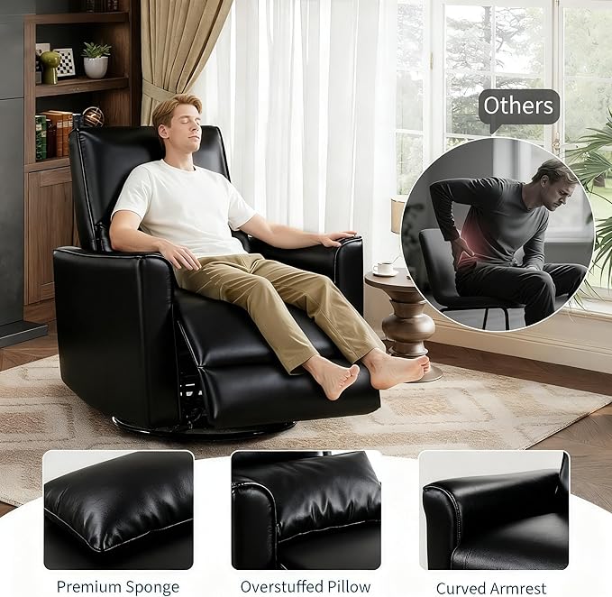 IDEALHOUSE Swivel Rocking Nursery Recliner Chair Rocker Recliner Glider Deep Seat PU Leather Sofa Chair with high Backrest for Nursery, Living Room, Bedroom & Home Movie Theater (Black)