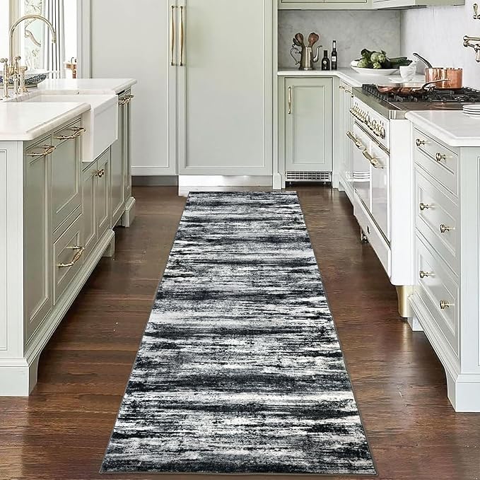 KOZYFLY Modern Abstract Washable Rug Runner 2.6x18 Hallway Rug Runner Non-Slip Soft Stair Runner Rugs, Black Navy Blue Grey Striped Carpet for Kitchen Entryway Bathroom Laundry Room Foyer