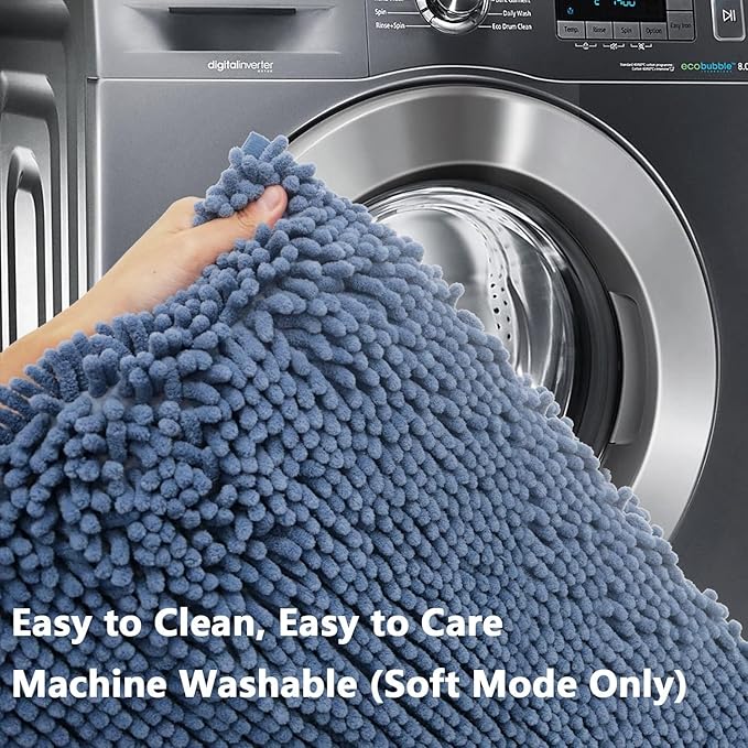 BOANKODU Bathroom RugsSets 2 Piece，59X24+16X24Inch，Absorbent Non-Slip Very Soft Chenille Mat,Machine Washable （Fog Blue）