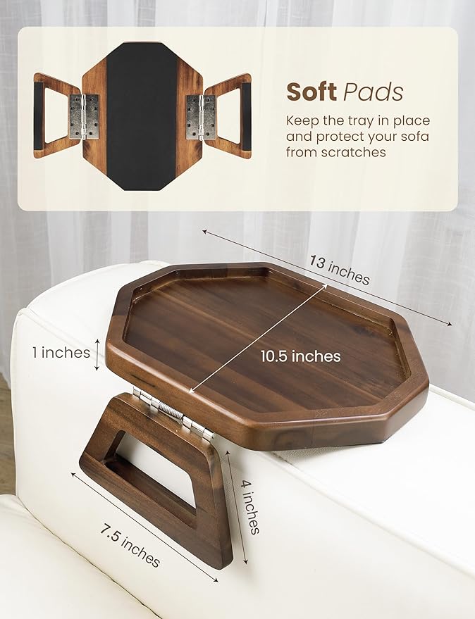 Tinamo Octagonal Acacia Sofa Arm Tray, Couch Armrest Table with Folding Arms - Couch Accessories, Armchair Caddy, Clip on Tray for Home Sofa Living Room with Adjustable Arm Hinges (Walnut Color)