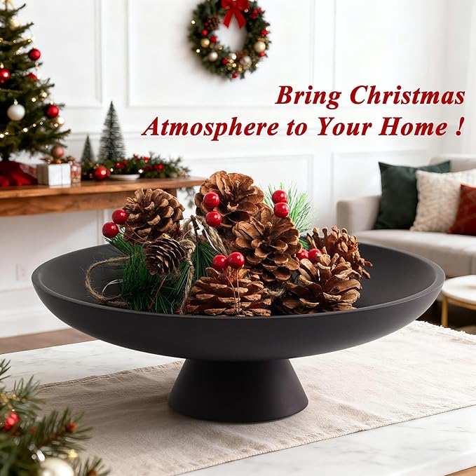 Modern Resin Pedestal Decorative Bowl, Large Fruit Bowl for Kitchen Counter, Stylish Key Bowl for Entryway Table, Matte Black