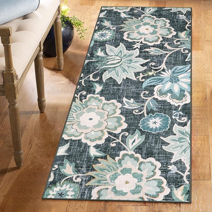 Beeiva Floral 2x5 Rug Runners for Hallways, Ultra Thin Blue Kitchen Runner Rug Washable, Vintage Plant Non-Shedding Bathroom Non-Slip Hallway Carpet for Entryway Bedroom Kitchen