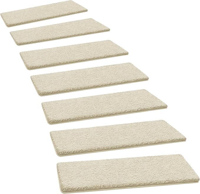PURE ERA Carpet Stair Treads Ultra Plush 8 x 30 inch Soft Indoor Stair Protectors Pet-Friendly Non-Slip Skid Resistant Tape Free Washable Reusable(7 Pieces,Beige)