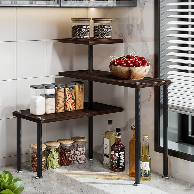 Countertop Organizer Organization 3 Tier Kitchen Corner Shelves Adjustable Spice Storage Rack for Bathroom Coffee Area Over Sink (Black Oak)