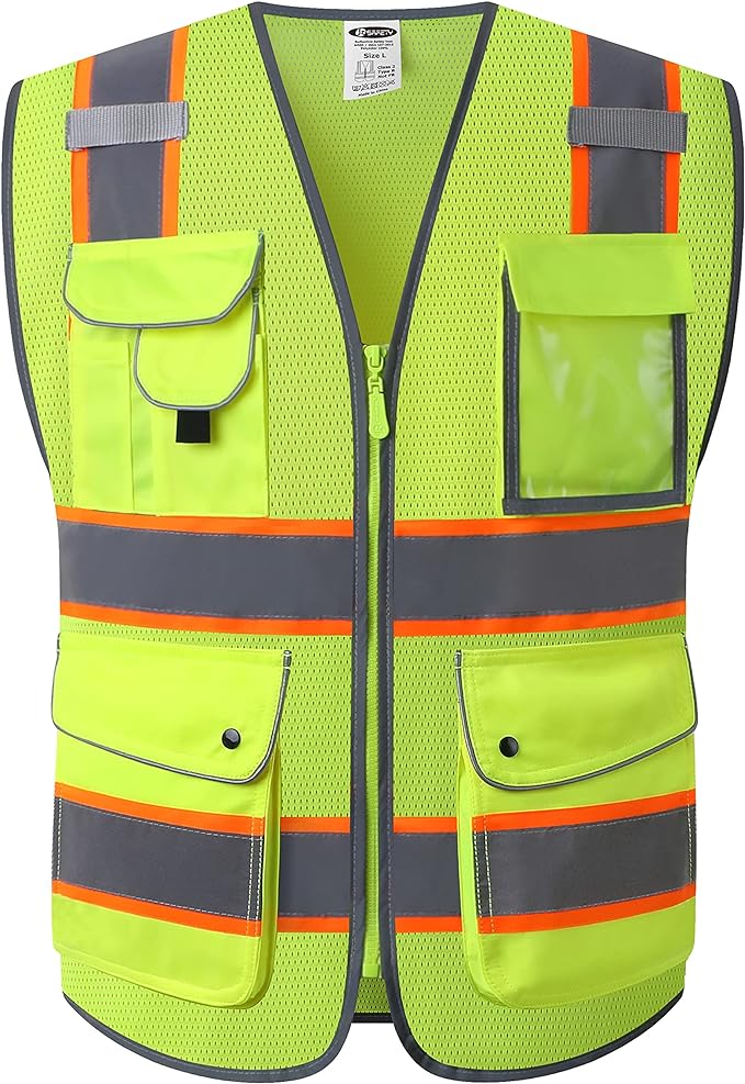 JKSafety 9 Pockets Hi-Vis Neon Yellow Zipper Front MESH Safety Vest with Fluorescent Orange Extend Edge outlining the Reflective Tapes Meet ANSI/ISEA Class 2 Standard (100-Yellow, 4XL)