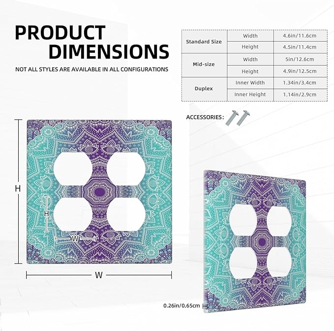Decorative Light Switch Cover Plate Ombre Modern Mandala Floral Geometric 2 Gang Socket Covers Double Duplex Wallplates Switch Plates and Outlet Covers for Bedroom Bathroom Decor
