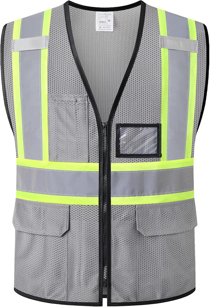 Reflective Safety Vest for Men Women Hi Vis Vest with Pockets High Visibility Vest Mesh Construction Vests Meets ANSI/ISEA Standards (Grey-33, Large)