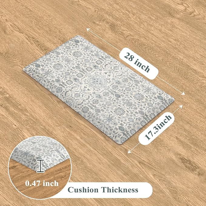 Collive Kitchen Mats Cushioned Anti Fatigue 17.3''x28'', Non Slip Waterproof Kitchens Sink Rug Vintage Boho Floral Rugs, Comfort Ergonomic Foam Standing Desk Mat for Floor, Home Office, Light Blue