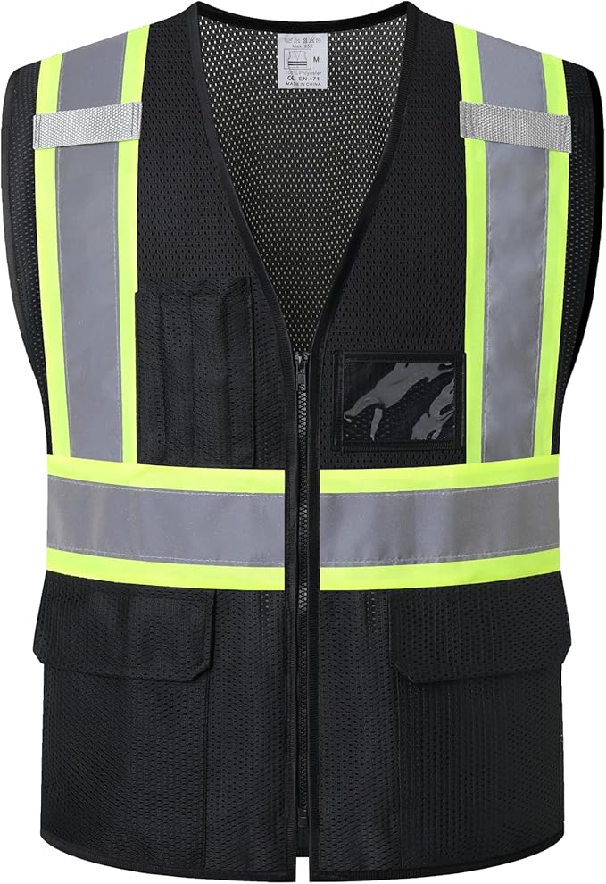 Reflective Safety Vest for Men Women Hi Vis Vest with Pockets High Visibility Vest Mesh Construction Vests Meets ANSI/ISEA Standards (Black-33, 3X-Large)
