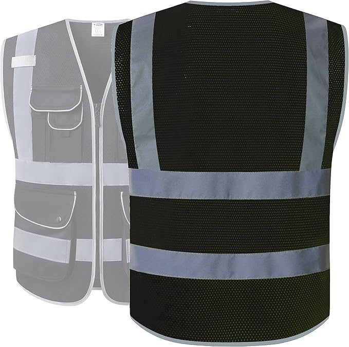 JKSafety 9 Pockets High Visibility Safety Vest for Men and Women, Hi-Vis Reflective Black Safety Vests with Zipper Front, Meet ANSI/ISEA Standards (159-Black 3XL)